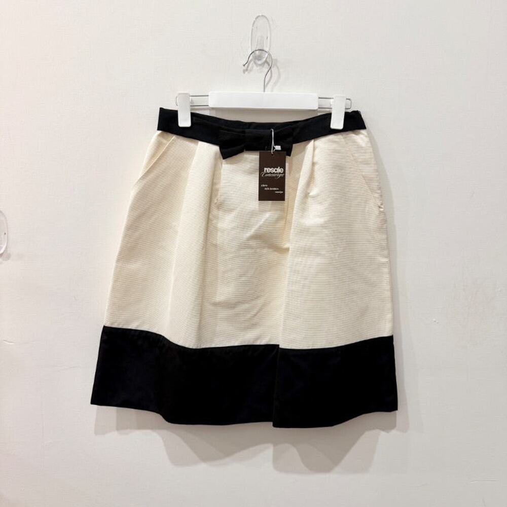 Max Mara Bow Colorblock High Rise Knee Length A-Line Skirt Cream/Black Womens 40